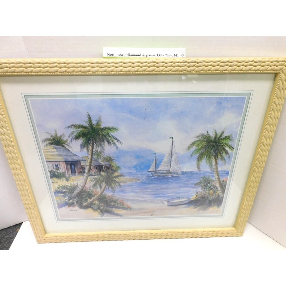 Jackie Tropical Beach Sailboat Watercolor Print Framed Nautical Wall Art DW788